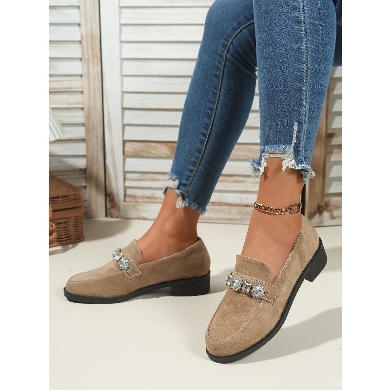 2025 Autumn New Rhinestone Suede Low-Top Shoes Thick Heels British Loafers Women