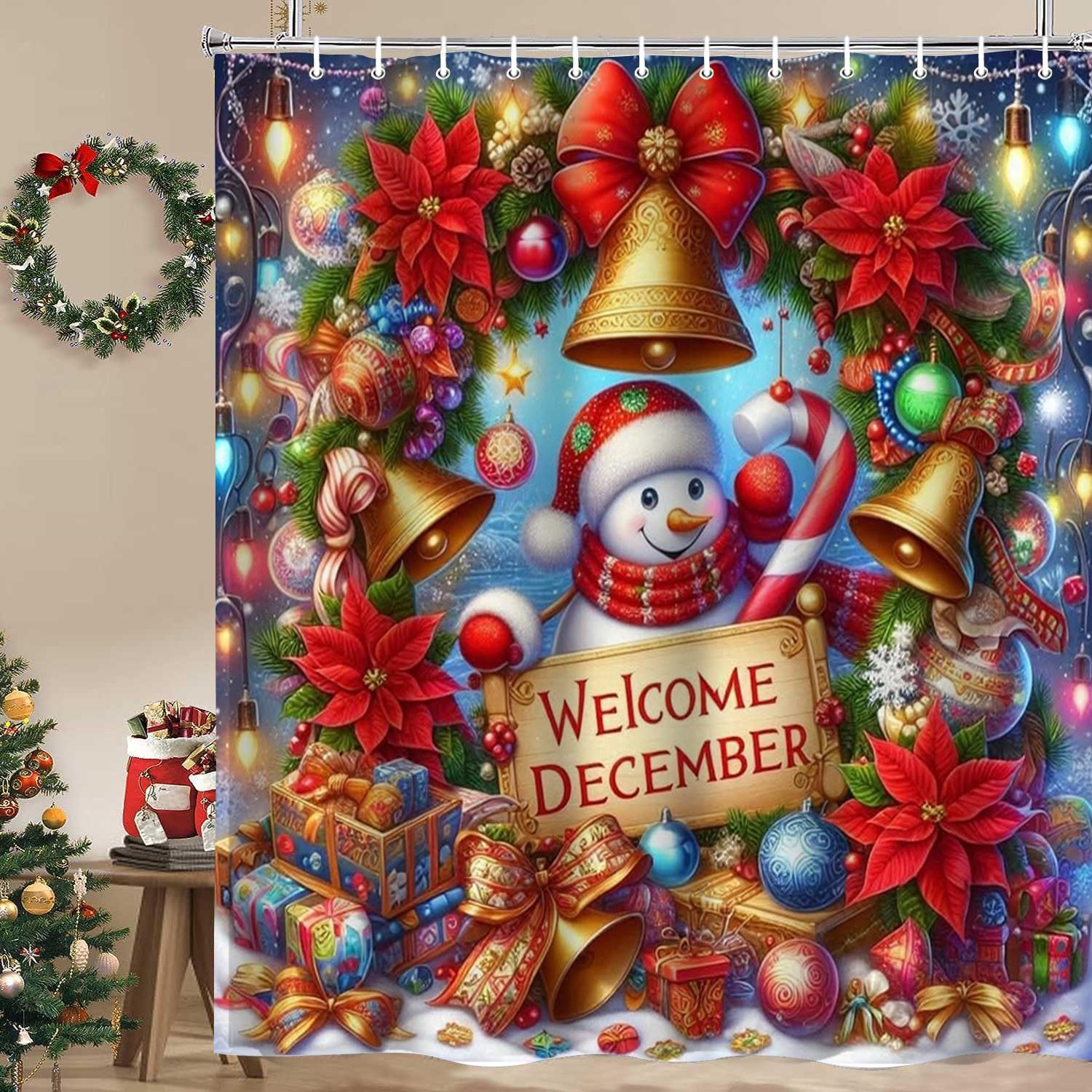 

Christmas Tree Snowman Print Bathing Curtain Bathroom Shower Curtain With 12 Hooks bathroom home decor and accessories 180x180cm curtain синий