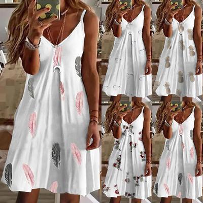 Arriving Summer Fashion Women Casual Loose V Neck Slip Dress Funny Love/Pineapple/Feather/Floral Print Spaghetti Strap Dresses for Female Plus Size