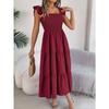HNXC Summer Solid Color Square Neck Black Ear-trimmed Waist-cinching A-line Long Dress Women's Clothing