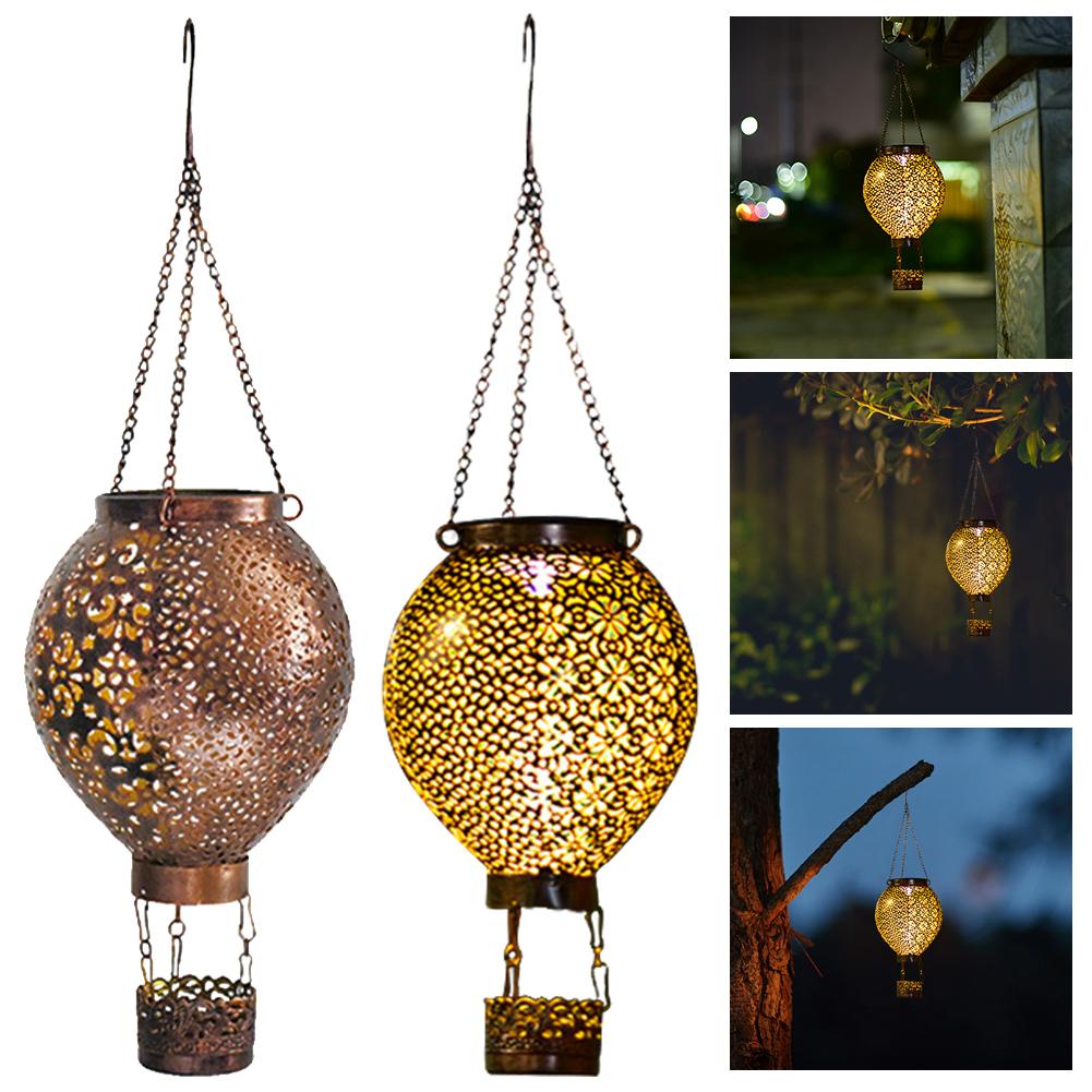 Solar Hot Air Balloon Lantern IP55 Waterproof Decorative Night Light Metal Glowing Hollow Lantern for Indoor Outdoor Garden Yard