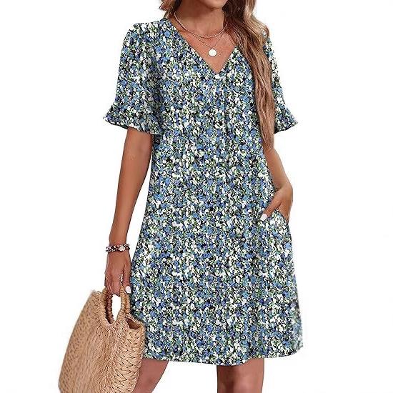Women's V-Neck Flared Sleeve Medium and Long Pocket Short Sleeve Dress