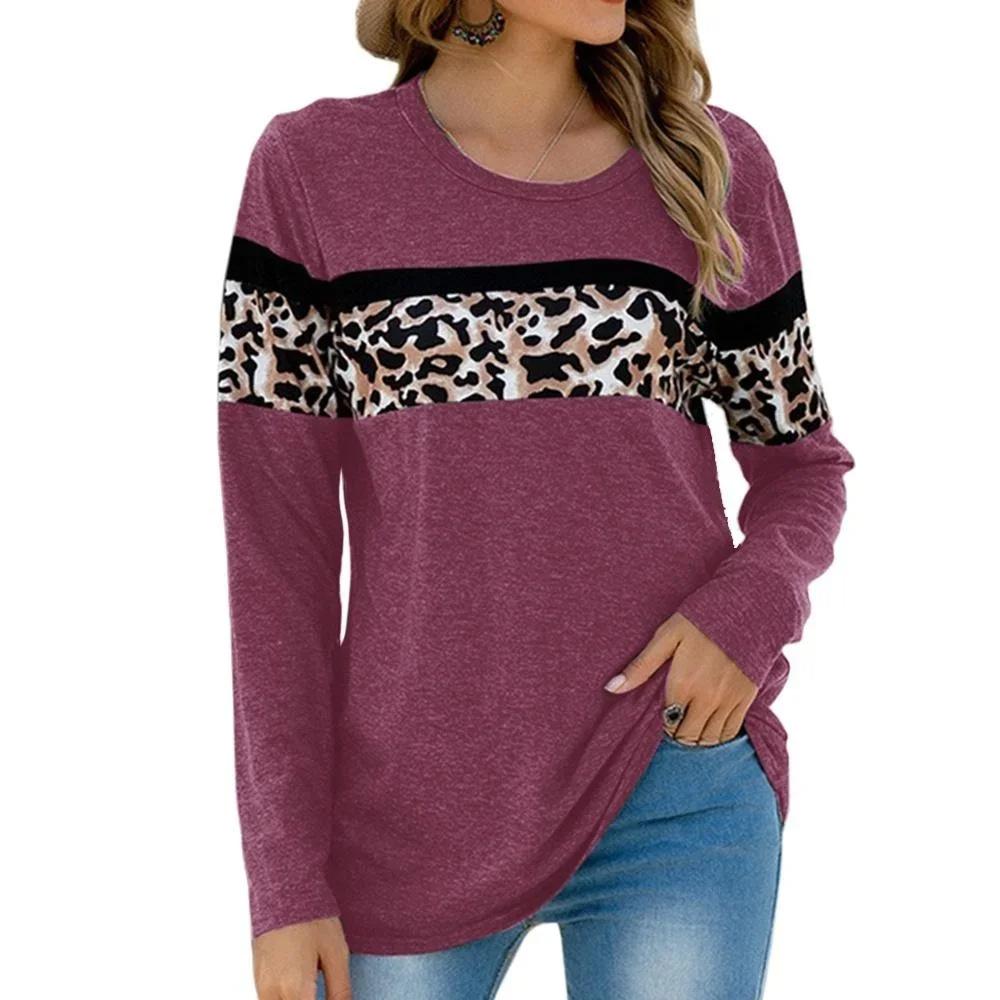 Women Autumn Tops Leopard Print Lines Print Causal Long Sleeve T-shirt Top Blouse
