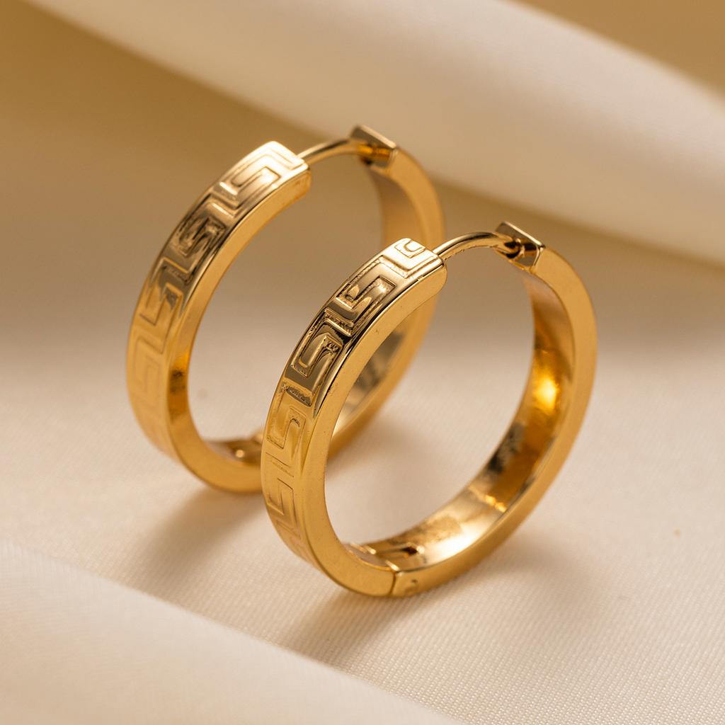 18K Gold Plated Greek Key Hoop Earrings-Tarnish-Free Hypoallergenic Meander Pattern Ear Studs for Girls Stainless Steel
