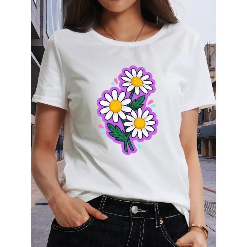 

Women S Casual T-Shirt with Three White Daisy Prints, Machine Washable, Suitable for All Seasons, Casual Top, Comfortable for Casual Attire, S белый