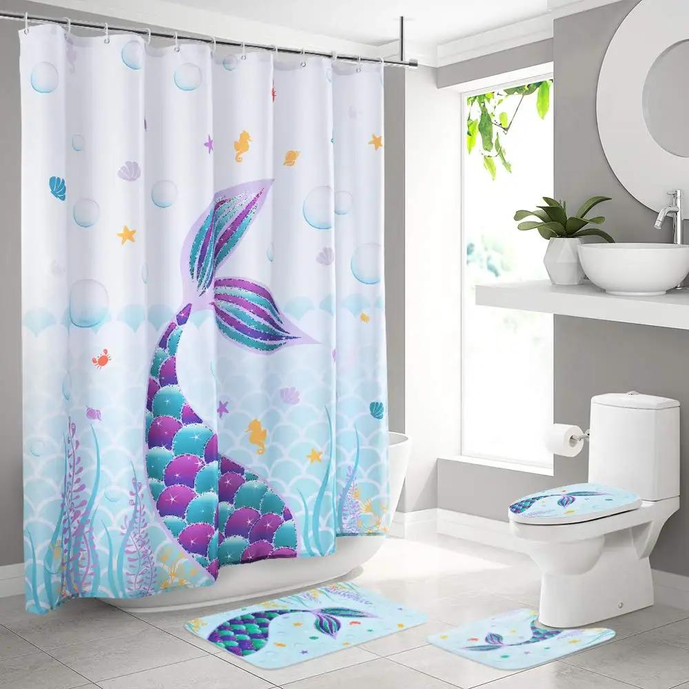 Mermaid Shower Curtain Set With Non-Slip Rugs Toilet Lid Cover Bath Mat Kids Ocean Coral Starfish Bathroom Shower Curtains Set