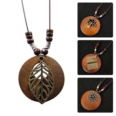 1PC Dress Choker Necklace Gift Beaded Pendant Wooden Long Chain Sweater Necklace Vintage