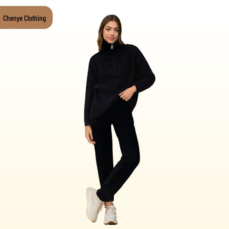 2025 Autumn/Winter High-Neck Knit Top & Wide-Leg Pants Set