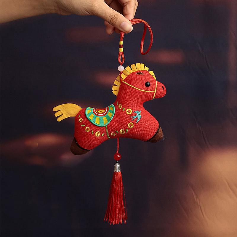Cute Zodiac Horse Pendant Red Car Keychain Pendant Embroidery Doll Mascot  Year Chinese Style Gifts Decoration Accessories