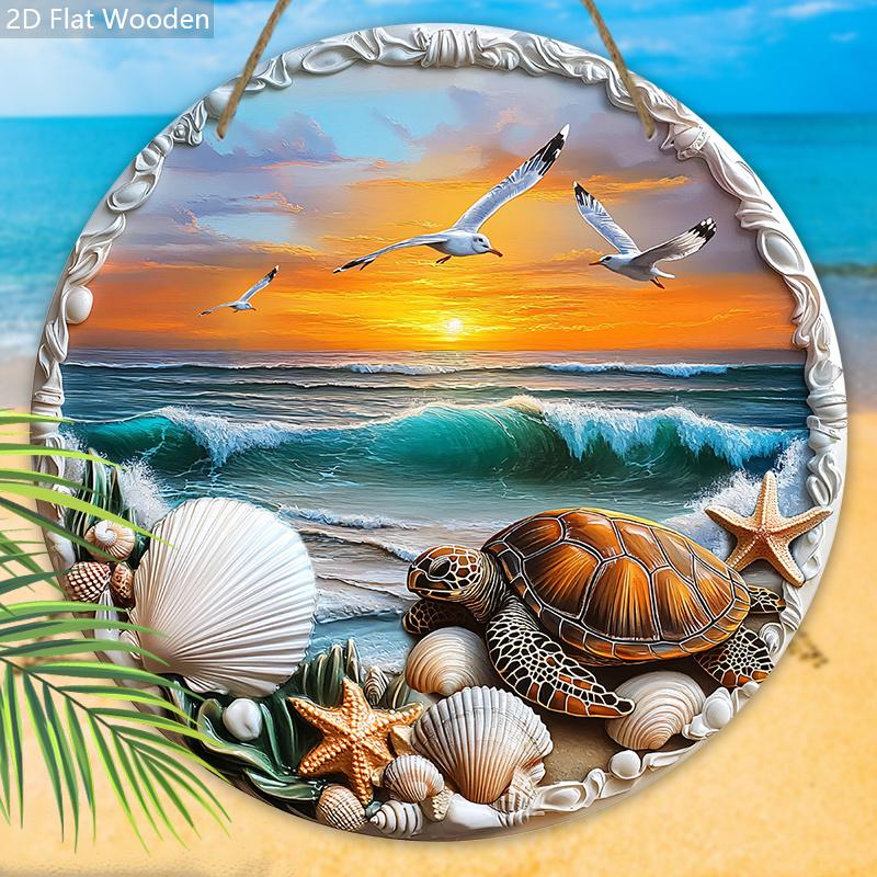 Wooden Sign with Sunshine Beach Turtle Pattern - Unique Seaside Scenery Round Sign for Front Door, Wall Decor - Ideal Home Hanging Ornament