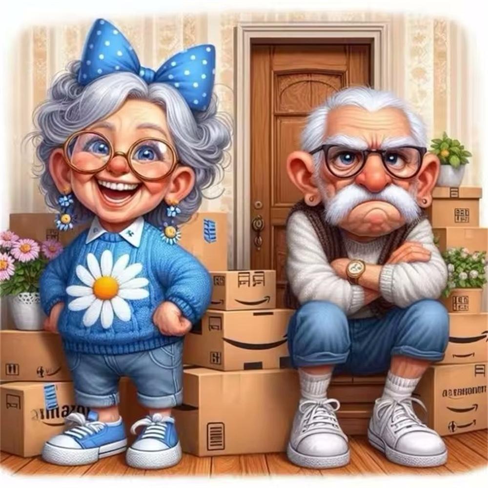 Cartoon Happy Old Couple 5D Full Round Diamond Painting Kits, Cute Grandma and Grandpa DIY Drills Mosaic Embroidery Cross-stitch