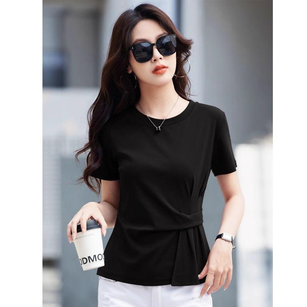 Fashion design short-sleeved T-shirt women's 2025 summer new irregular belly covering slightly fat and thin niche top