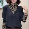 Leopard Print High Neck Slimming Mother's Top - Long Sleeve Patchwork Warm Base Layer