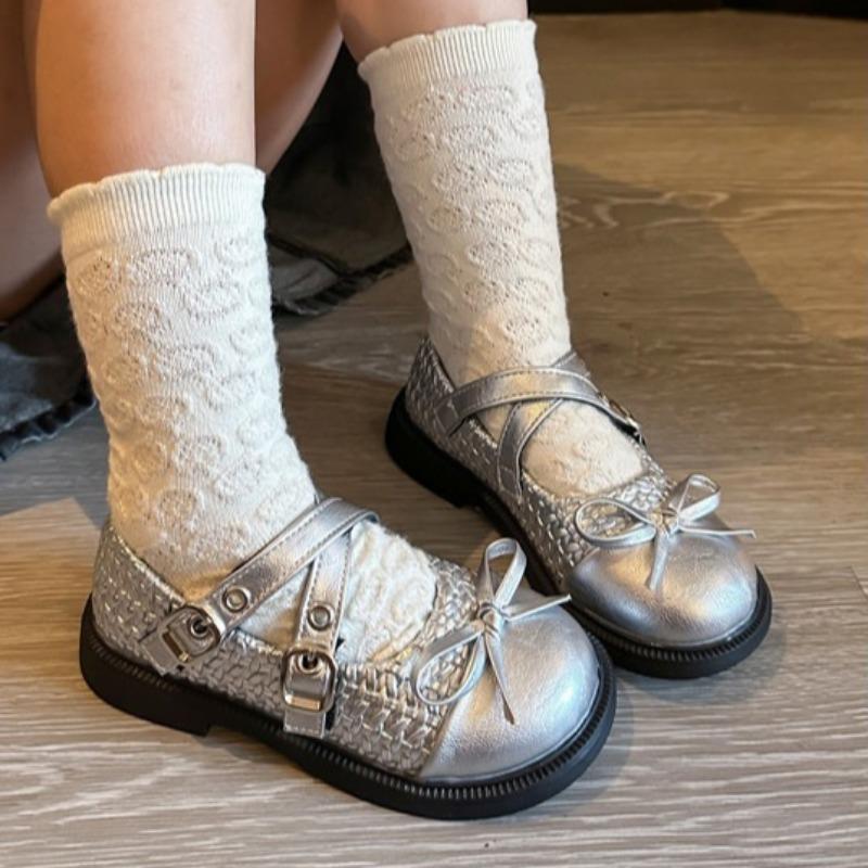 Kids Fashion Leather Shoes Spring Children Mary Jane Bean Shoes Girls Bow Princess Flat Shoes