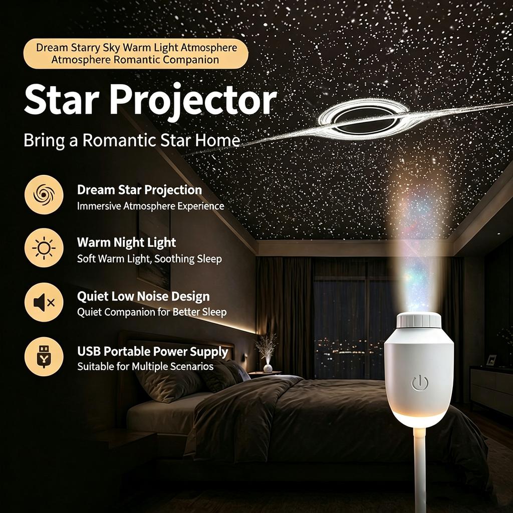 2026 Mini Galaxy Star Projector Night Light, USB 2-in-1 HD Smart Dynamic 3D Holographic Atmosphere Lamp, for Car & Bedroom Decor