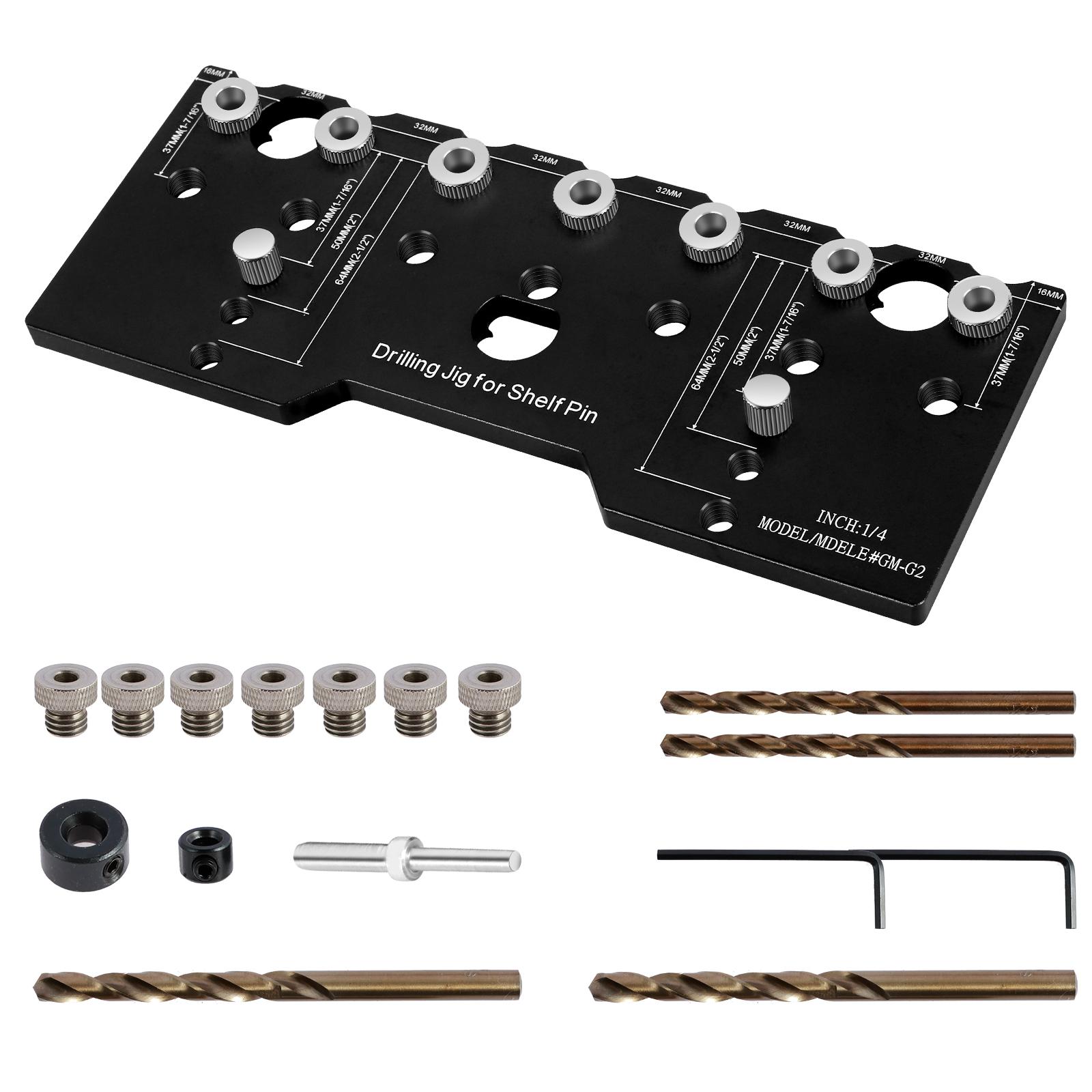

1 Set 1/4 Inch 5mm luminum Pocket Hole Jig Kit Shelf Pin Drilling Guide Jig 32mm Spacing Woodworking Straight Hole Drilling Jig 26 Pcs чорний