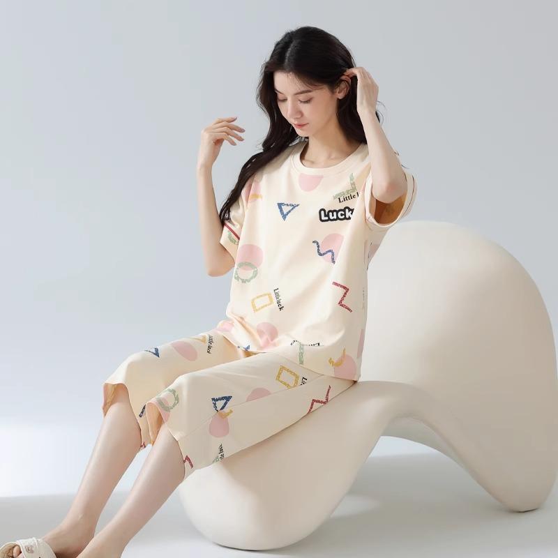 Summer short-sleeved fresh plaid pants simple casual pajamas women's breathable loose loungewear set