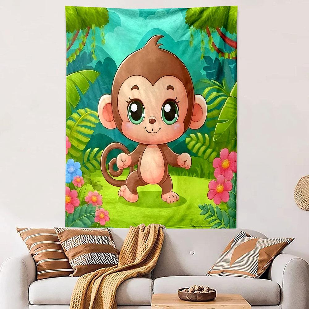 Cute Cartoon Monkey in Jungle Scene Patterned Tapestry Decorative Wall Hanging, Home Bedroom Living Room Decor