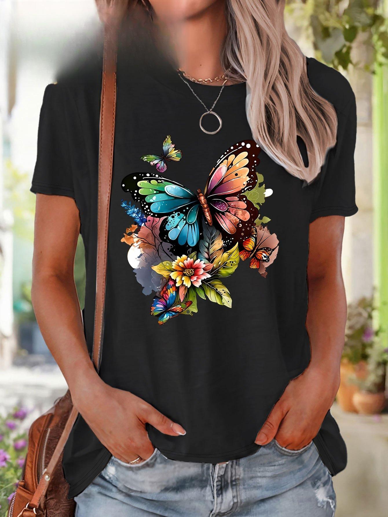 

European Size Plus Size, Vibrant Butterfly - Floral Illustration Plus Size Women s Printed Casual Round Neck Short Sleeve Top 4XL чорний