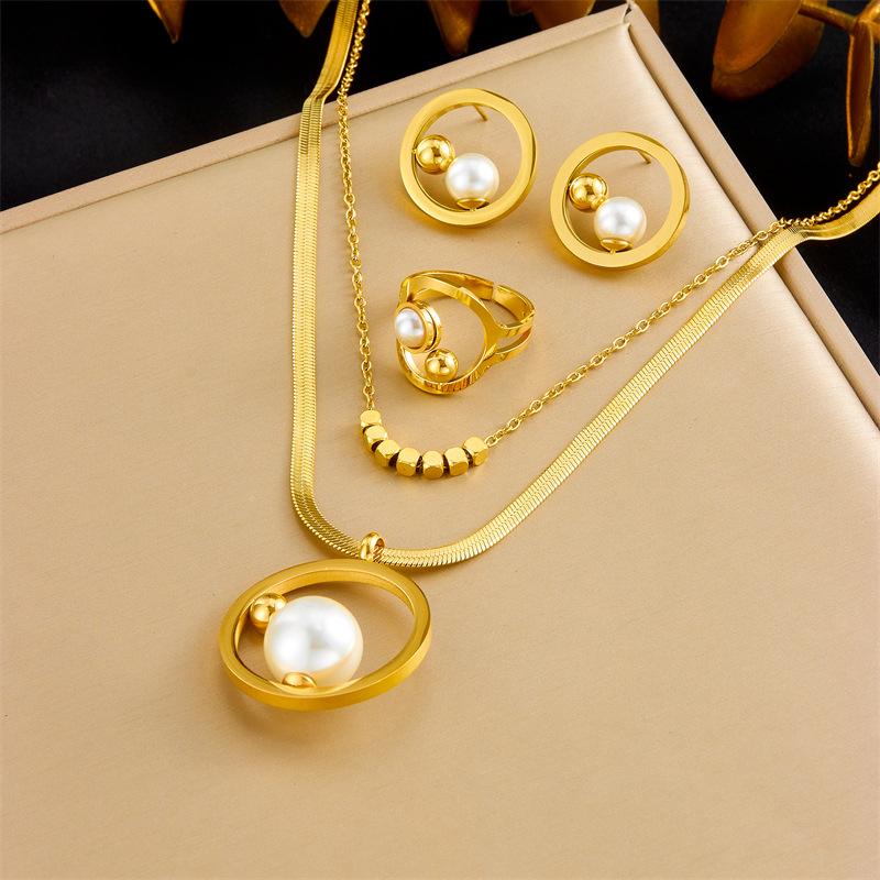 Gold Plated Stainless Steel Herringbone Chain Pearl Jewelry Set (Necklace, Earrings & Ring) золотой