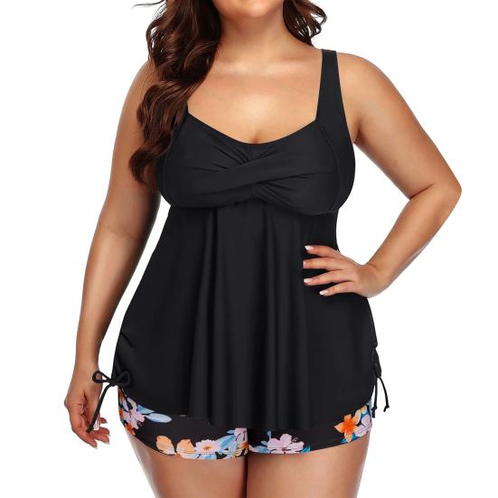 2 Pcs/Set Swimsuit Sleeveless Low-cut Elastic High Waist Plus Size Swim Top Floral Print Shorts Set Swimwear Bathing Suit Vacation Water Sports Set