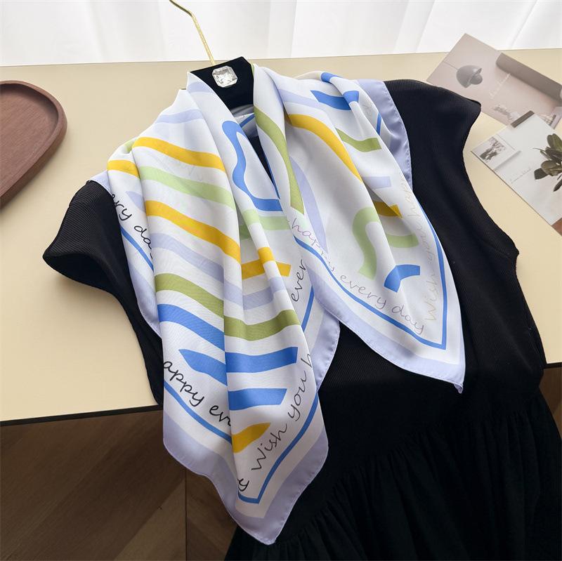 English Line Simulation Silk Printing Silk Scarf Small Square Scarf High-end Shawl Sunscreen Neck Scarf Headscarf Scarf Women