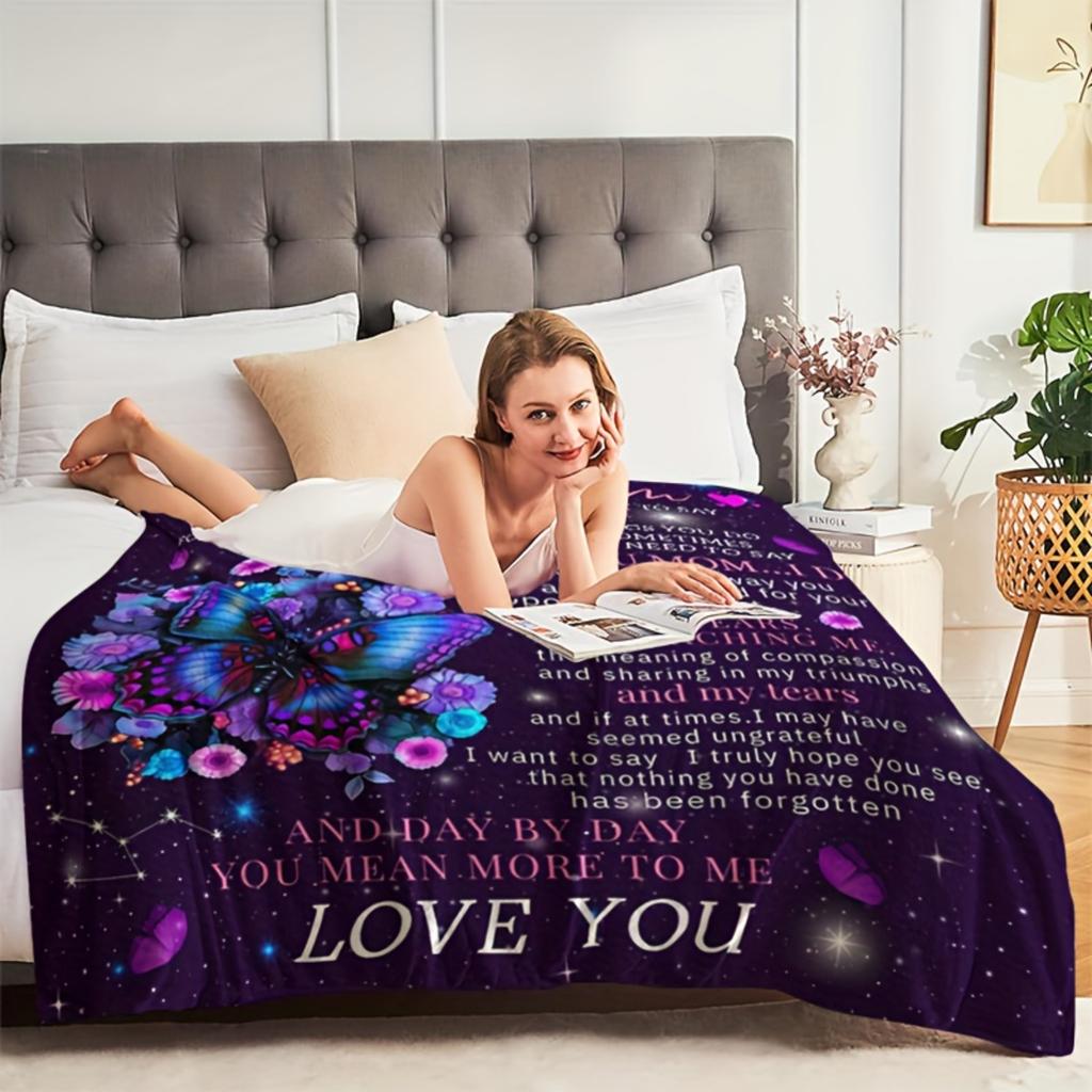 To My Mom Flannel Blanket Purple Butterfly Text Printed for Kids Bedroom Decoration Warm Soft Comfertable Blanket for Sofa Chair