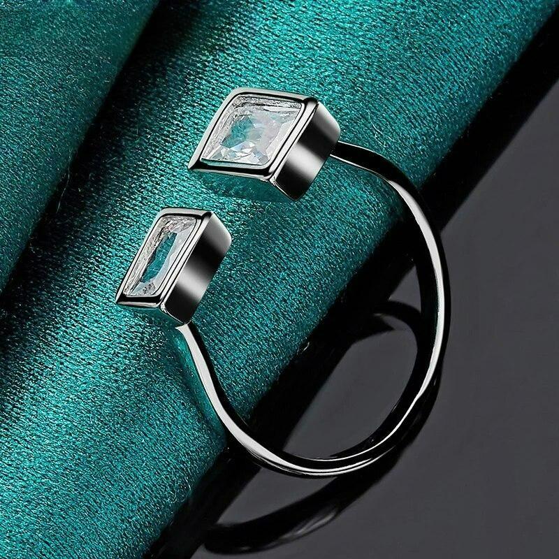 Silver Color Double Square Zircon Open Ring For Women Wedding Party Charm Jewelry