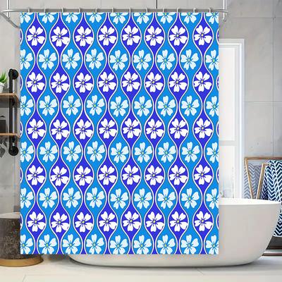 Blue and White Flower Pattern Shower Curtain Waterproof Bathroom Decor Modern Print 3D Fabric Bath Mat Rug Non-slip Microfiber T