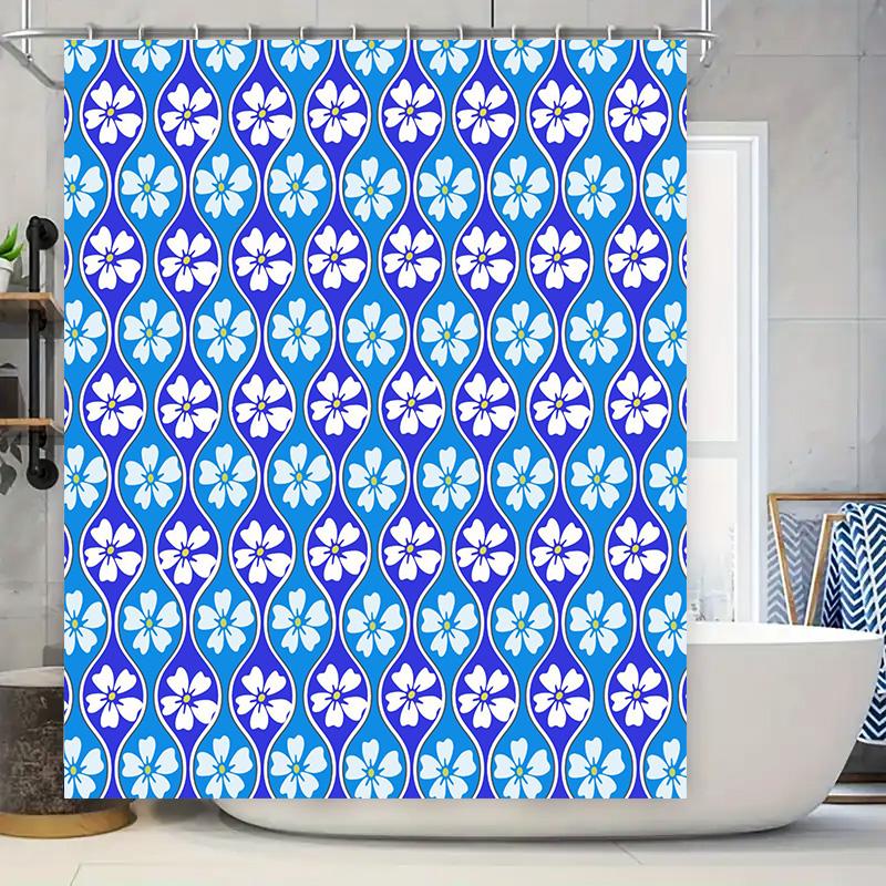 Blue and White Flower Pattern Shower Curtain Waterproof Bathroom Decor Modern Print 3D Fabric Bath Mat Rug Non-slip Microfiber T