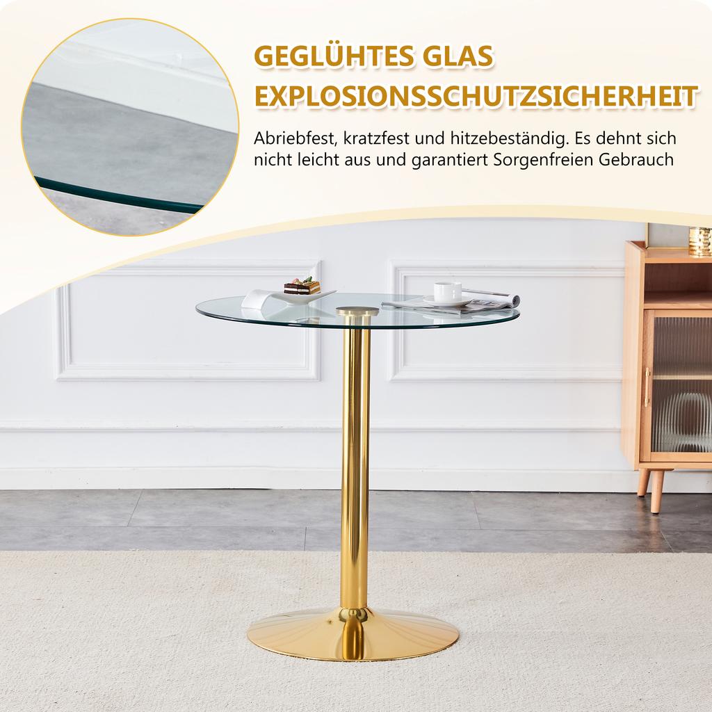 Flexible Bar Set: 89 cm Glass Table + 2 Stools with Gold-Colored Legs, Height-Adjustable & Rotatable.