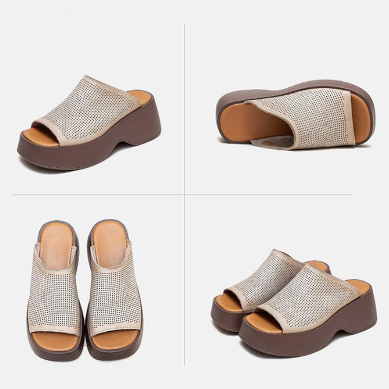 Johnature Genuine Leather Thick Soles Peep Toe Shoes Women Vintage Wedges Slides Outdoor Platform Slippers
