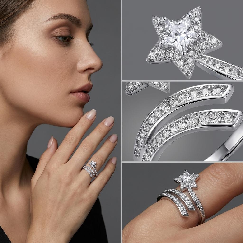 Delicate Star Opening Rings for Women Exquisite Silver Color Shining Cubic Zirconia Finger Rings Party Statement Jewelry