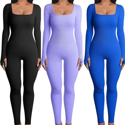 Damski kombinezon sportowy długi, obcisły kombinezon do jogi z długim rękawem Playsuits prążkowany body do ćwiczeń Stretch Jogging Romper dres