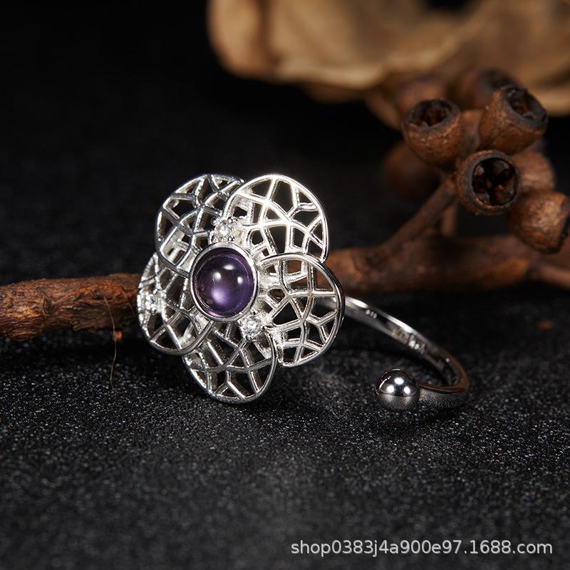 Non-Fading High-End S925 Sterling Silver 18K Gold Natural Amethyst Lucky Treasure Ring Women'S Simple Jewelry