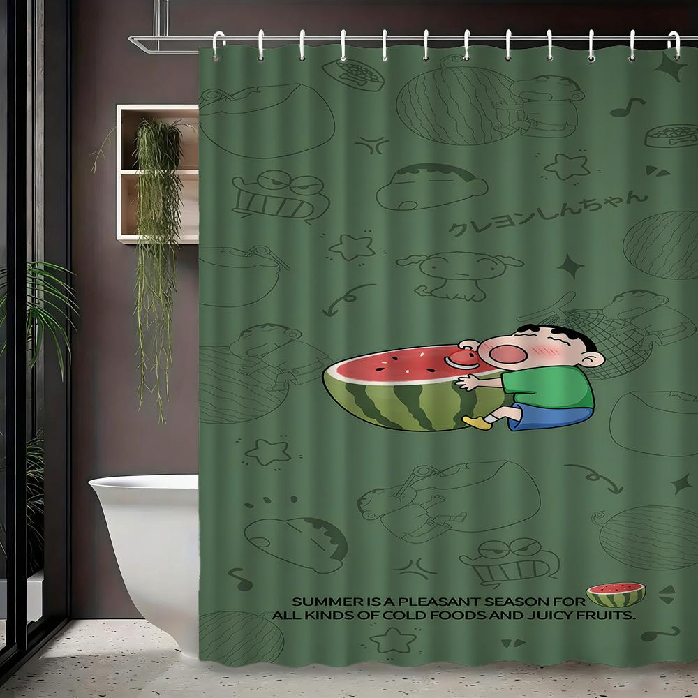 Crayon Shin-Chan Funny Character Scene 2D Print Waterproof Shower Curtain, Blue Bathroom Decor With Hooks