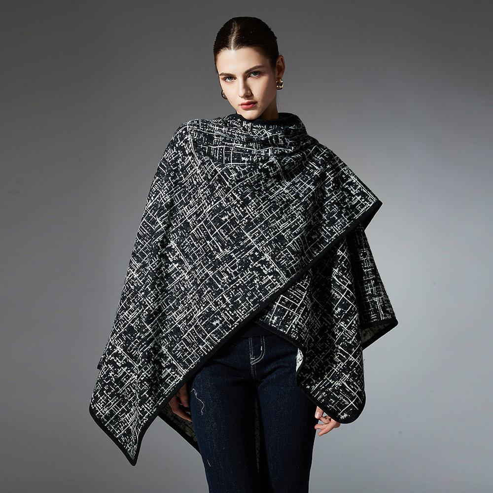 Women Plaid Reversible Poncho Cape Coat Open Front Cardigan Shawl Wrap Warm Thick Knit Shawl for Fall Winter