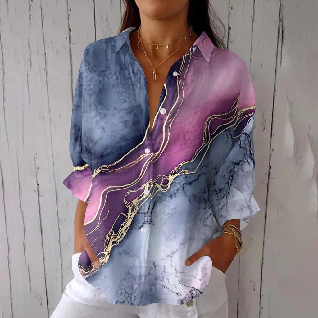 Women's Fashion 3/4 Sleeve Casual Lapel Back Tie- Floral Print T-Shirt Top