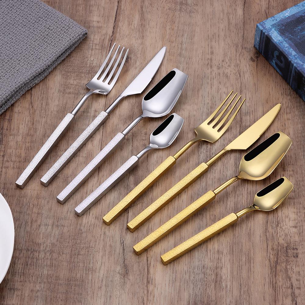Luxury 4Pcs Sliver Tableware 304 Stainless Steel Cutlery Set New Western Cube Handle Dinner Set Mirror Golden Knife Fork Spoon