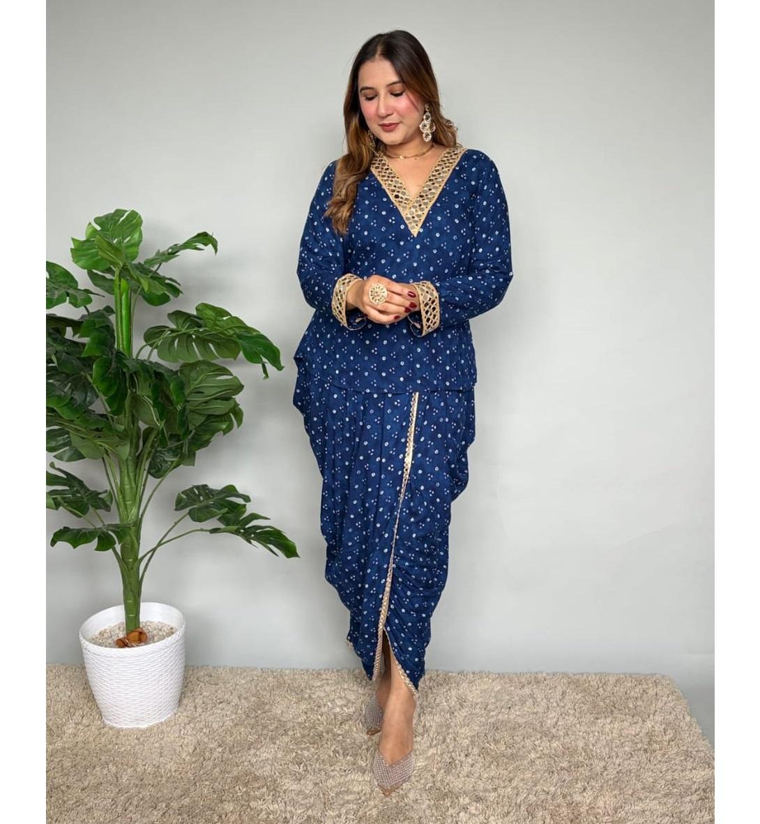 

Women Designer Bandhani Print Cord Set Indian Bollywood Dhoti Kurta Top Tunic Dress 3XL синій