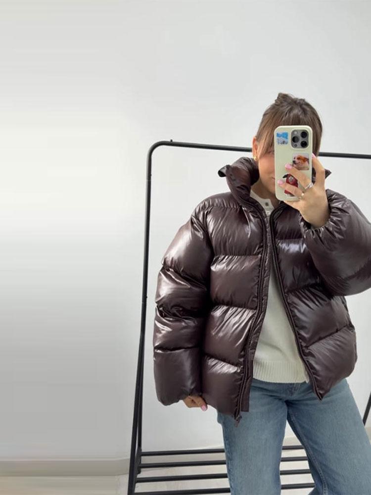 Dámská péřová bunda z lakované látky s odnímatelnou kapucí Dámská hřejivá, jednoduchá a módní zimní bunda 2025