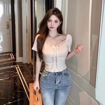 Lace V-neck Short-sleeved T-shirt Women's Summer New Bow Pure Desire Wind Spice Girl Tight Short Top