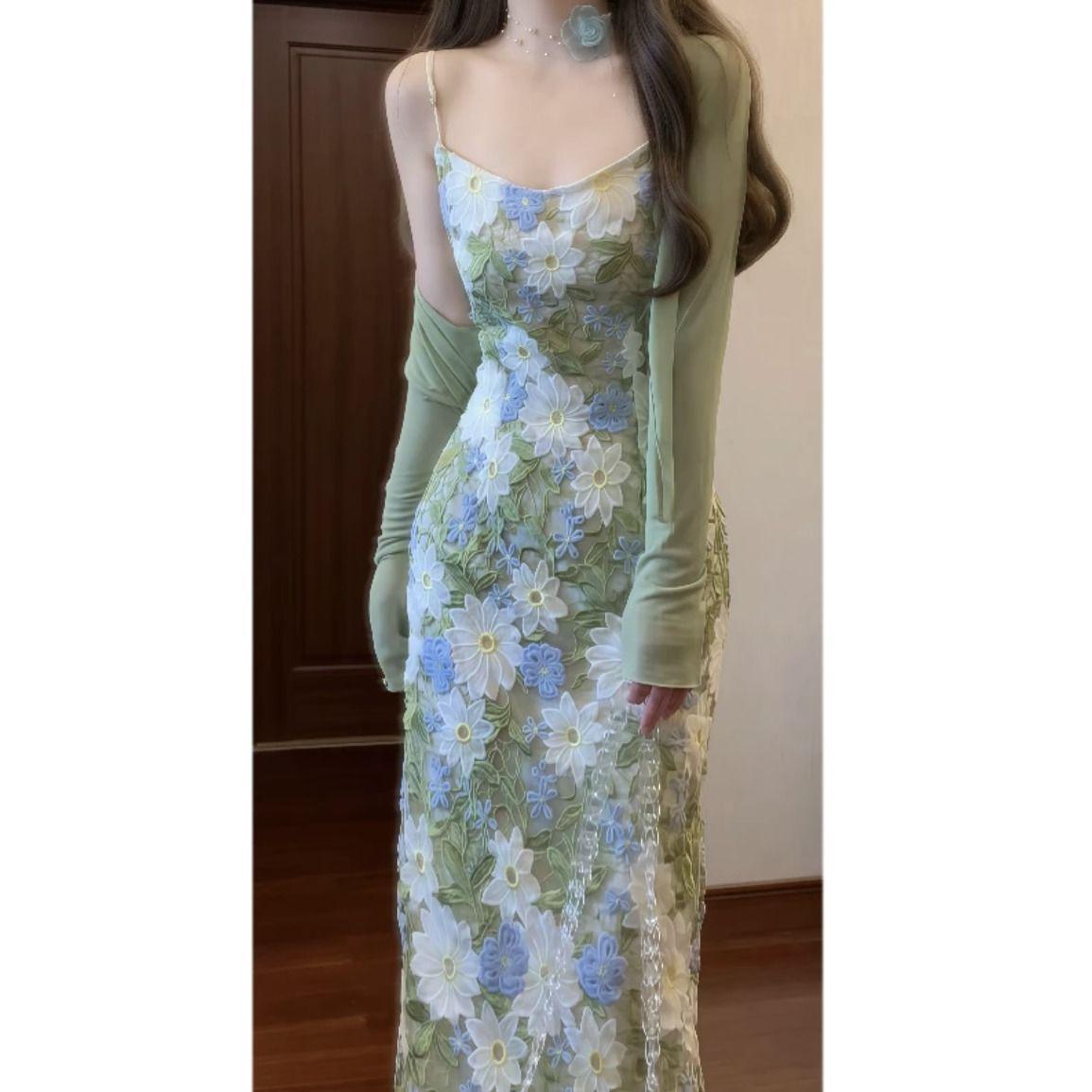Elegant Green French Lace Maxi Dress - Slimming Camisole Style, Perfect for Summer 2026 Beach and Resort Wear Medium