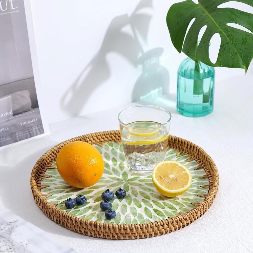 Round Rattan Tray Rattan Tray Green Small Leaves Wooden Base Decorative Wicker Basket For Table Decoration Fruit Tray