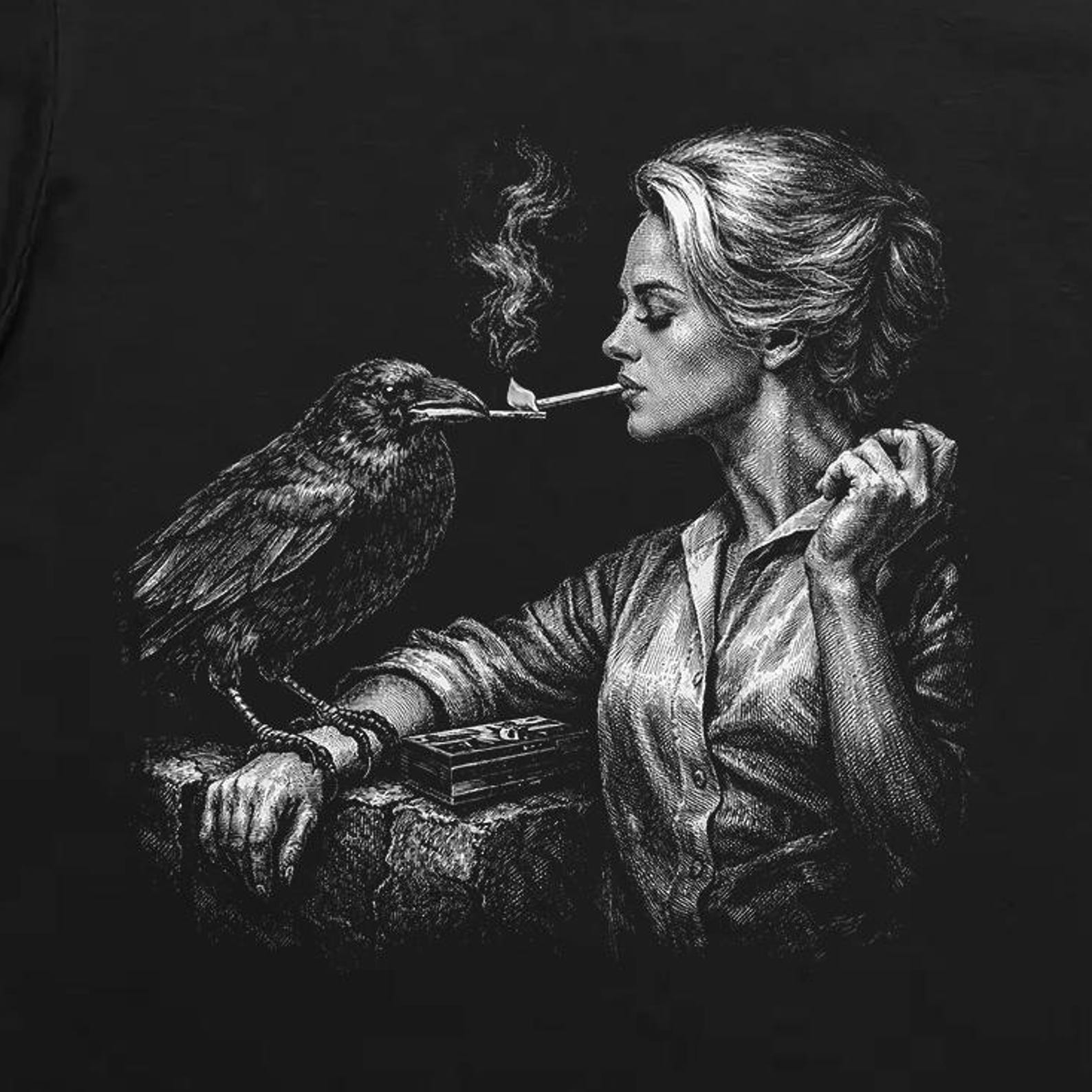 Vintage Bird Horror T-Shirt Gothic Raven Noir Woman Classic Suspense Cinema Tee 2XL