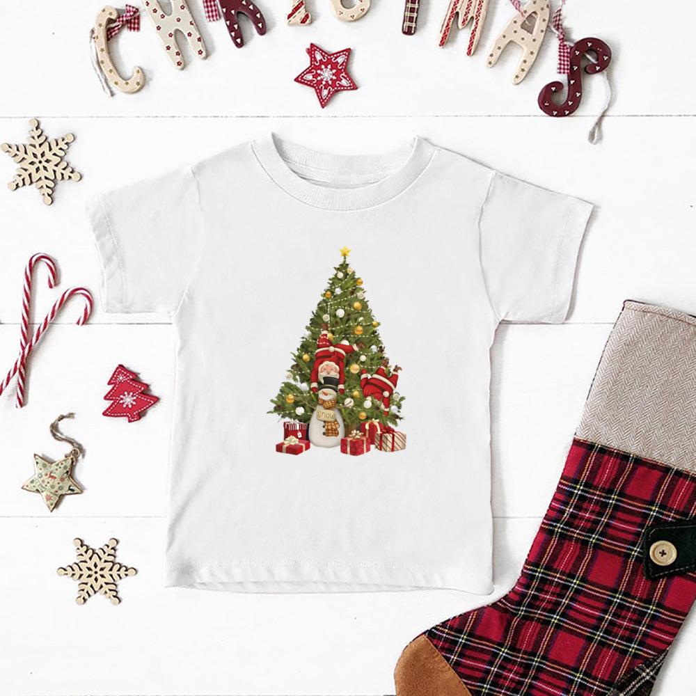 Christmas Tree and Santa Claus Printed Kids T-shirt Christmas Toddler Round Neck Tops Xmas Holiday Short Sleeve Tee Outfits