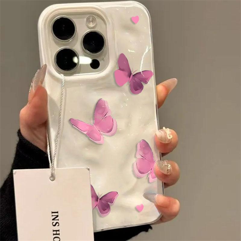 Advanced Pink Butterfly Phone Case for iPhone 17 16 15 14 13 11 12 Pro Max Plus 17 Air Folds Texture Shockproof Soft Cover