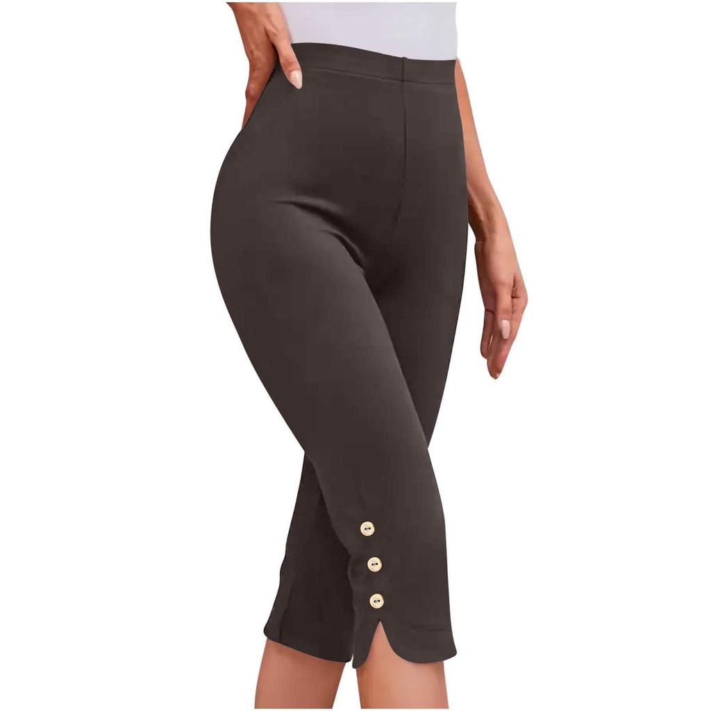 Damenmode Farbe Lässig Unterhose Knopf Sport Schlank Sieben-Viertel-Hose