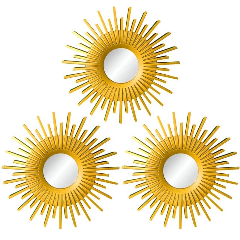 3 peças de espelhos dourados para decoração de parede, casa, quarto, banheiro, ornamento pendurado, suprimentos de artesanato, espelho decorativo de girassol dourado