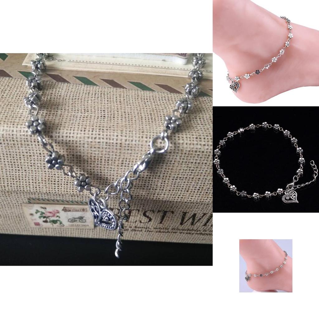 Elegant Women Bead Chain Anklet With Heart And Flower Design For Beach Fashion Jewelry